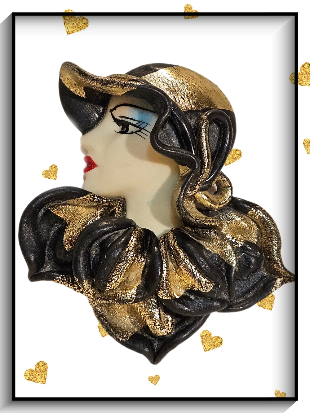 Gold Tone & Black Victorian Age Lady Brooch - Handcrafted